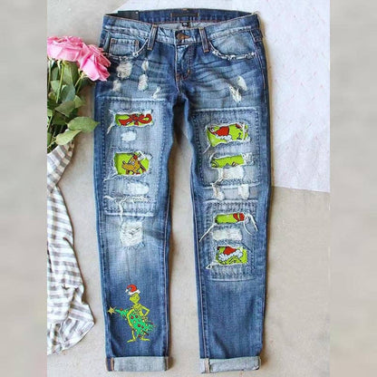 Women’s Distressed Straight Leg Jeans with Grinch