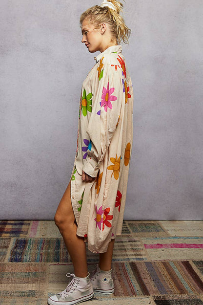 Long Sleeve Shirred Shoulder Beads Floral Print Shirt Dress