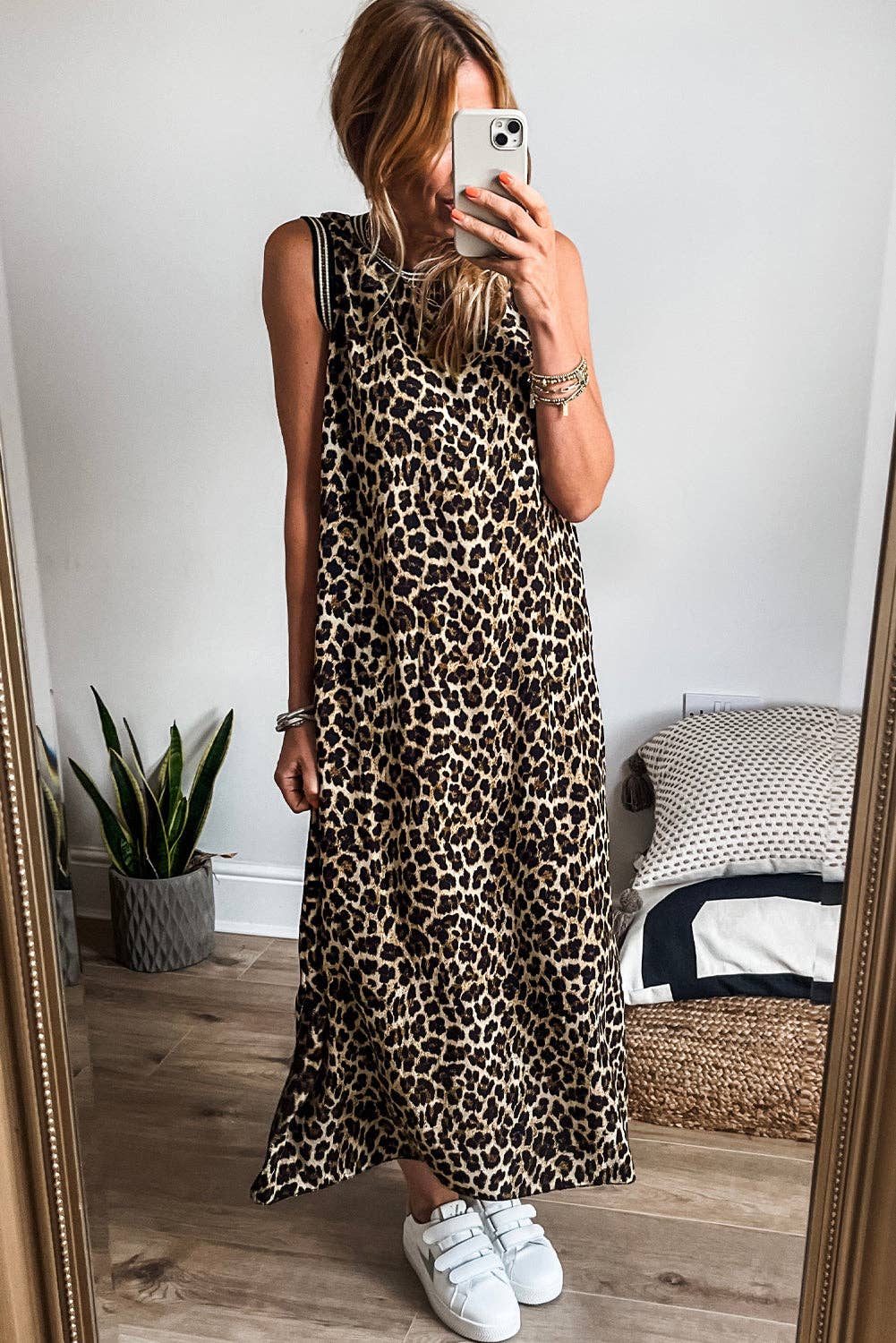 Lovesoft Black Contrast Striped Trim Leopard Sleeveless Maxi Dress