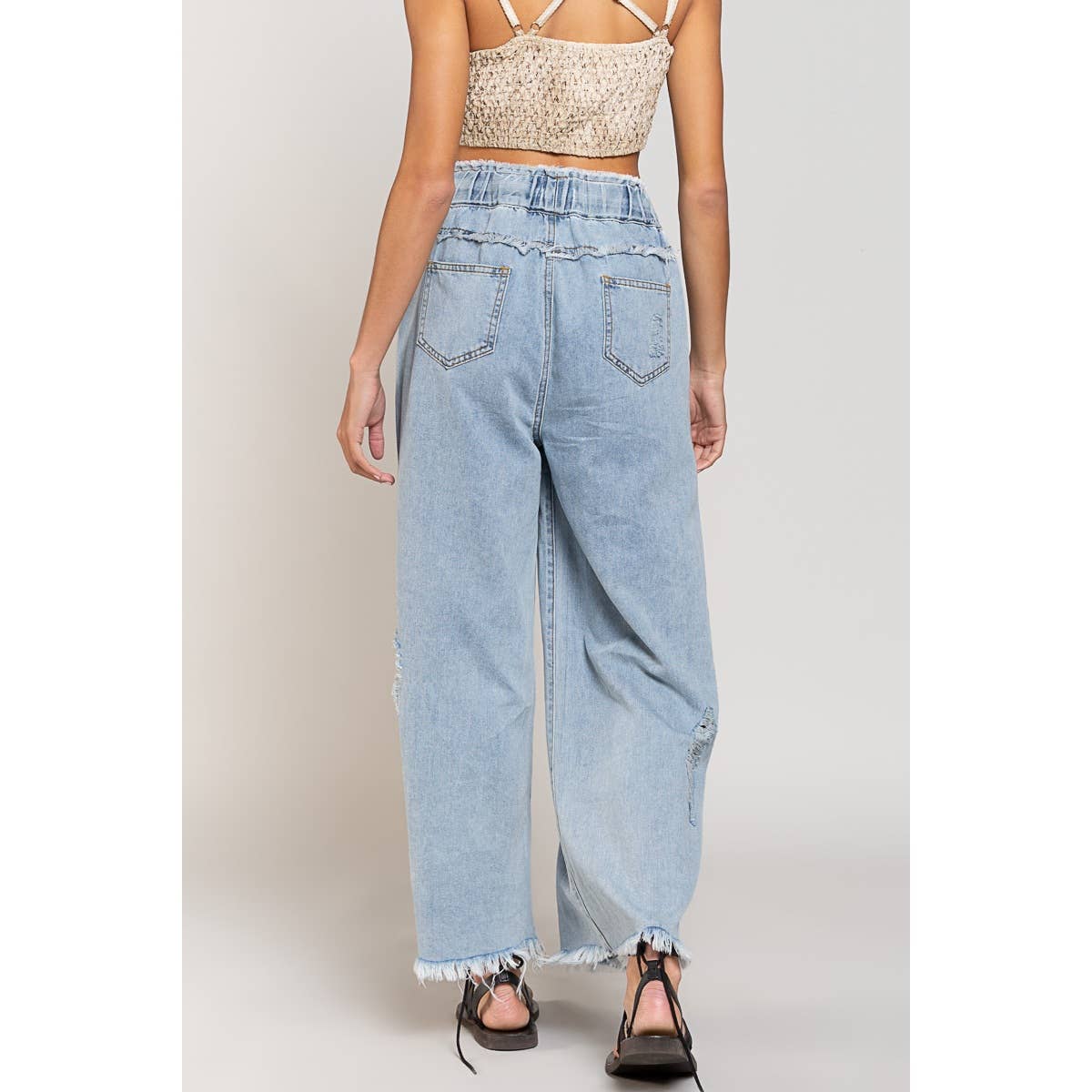 Pol Wide Leg Drawstring Elastic Waist Distressed Denim Pants