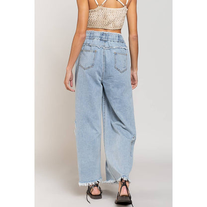 Pol Wide Leg Drawstring Elastic Waist Distressed Denim Pants