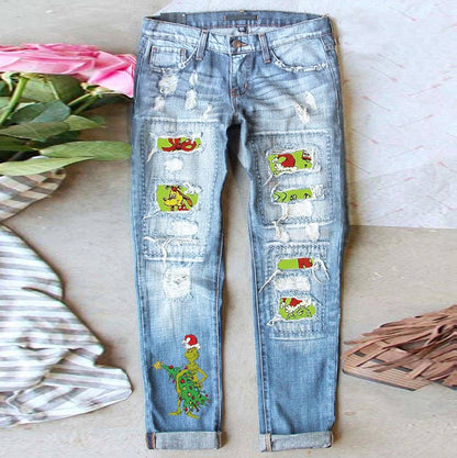 Women’s Distressed Straight Leg Jeans with Grinch