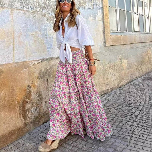 Floral Print High-Low Midi Skirt
