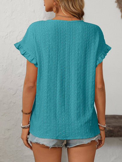 Lovesoft Solid Color Crewneck Sweet Short-Sleeve Hollow-Out Top