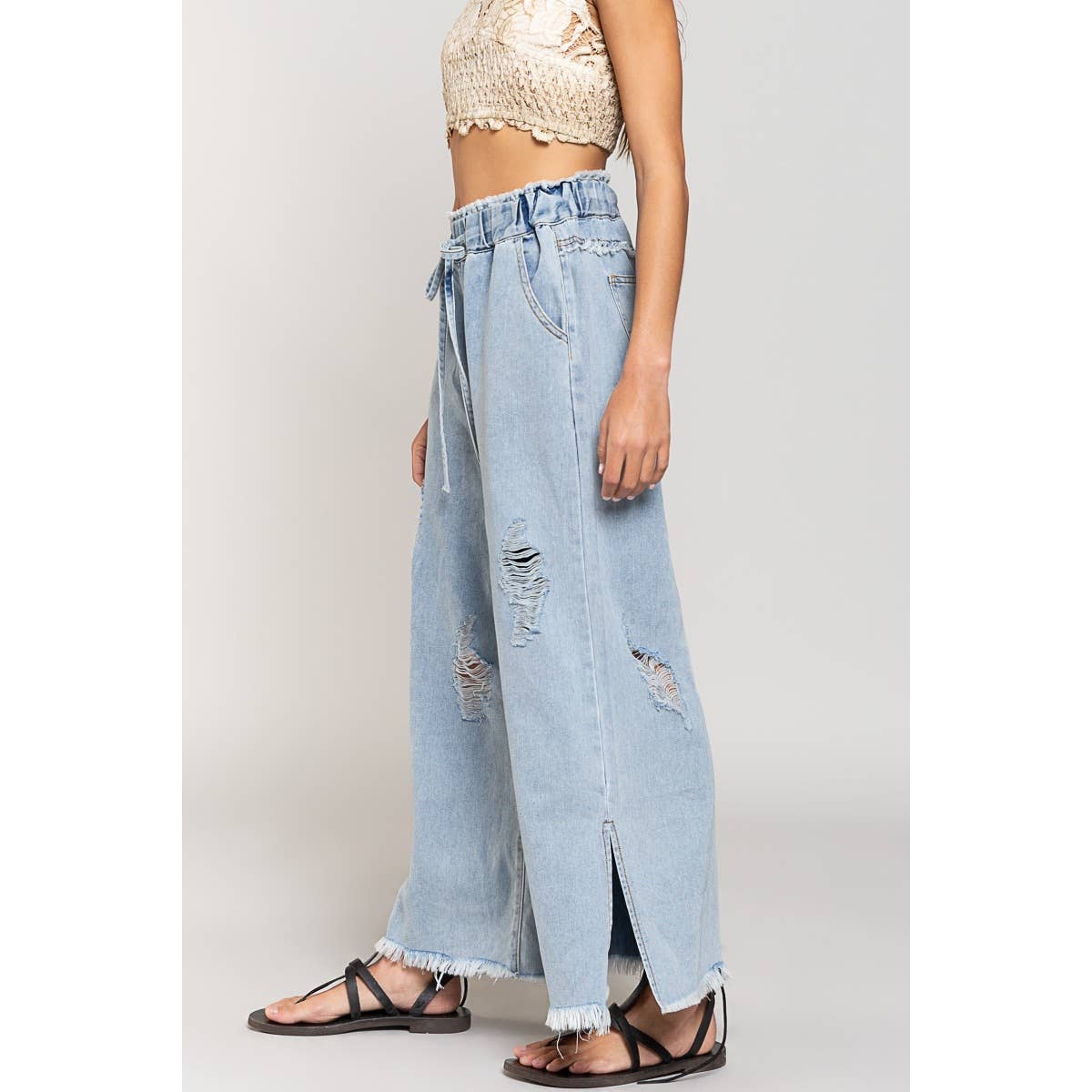 Pol Wide Leg Drawstring Elastic Waist Distressed Denim Pants