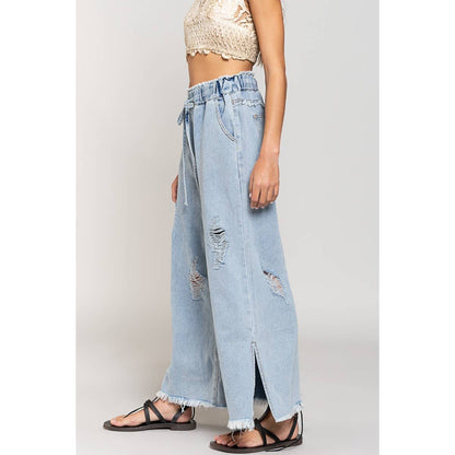 Pol Wide Leg Drawstring Elastic Waist Distressed Denim Pants