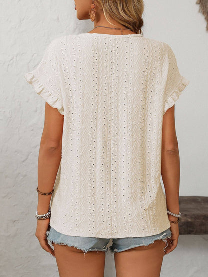 Lovesoft Solid Color Crewneck Sweet Short-Sleeve Hollow-Out Top
