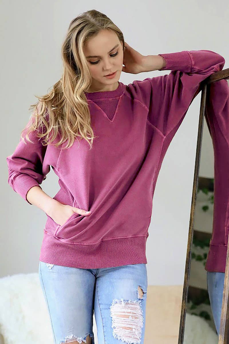 Zenana Washed French Terry Pullover With Side Pockets