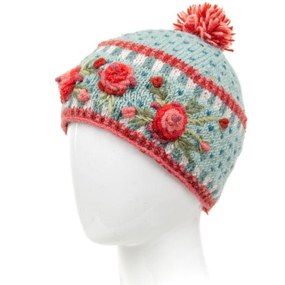 Aubrey Hand Knit Wool Beanie | Embroidered Floral Hat