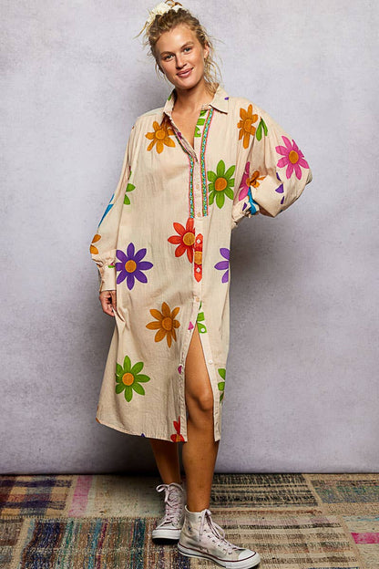 Long Sleeve Shirred Shoulder Beads Floral Print Shirt Dress