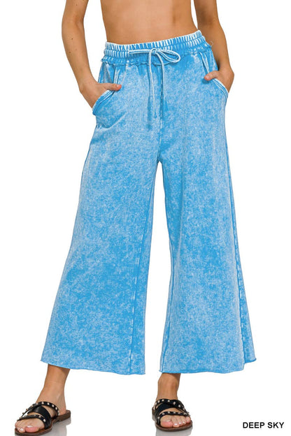 Zenana Washed French Terry Palazzo Pants With Pockets