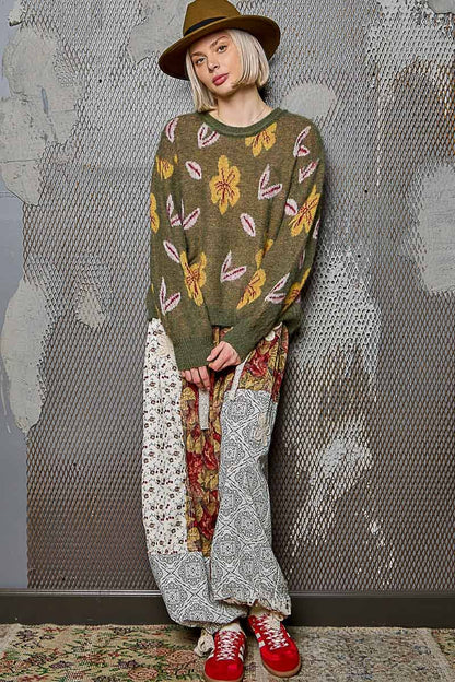 Pol Round neck balloon sleeve floral mohair sweater top