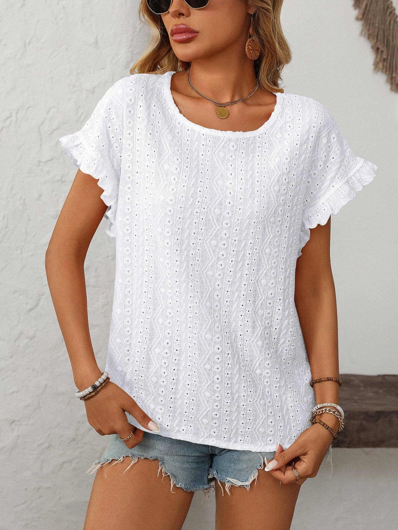 Lovesoft Solid Color Crewneck Sweet Short-Sleeve Hollow-Out Top