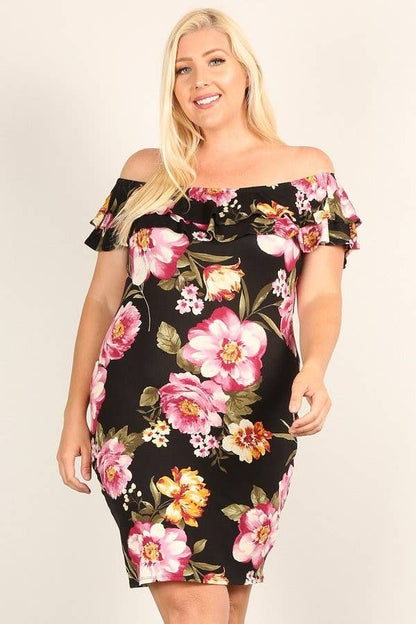 Dress floral Shoulder Ruffle Dress - WG15875-7D