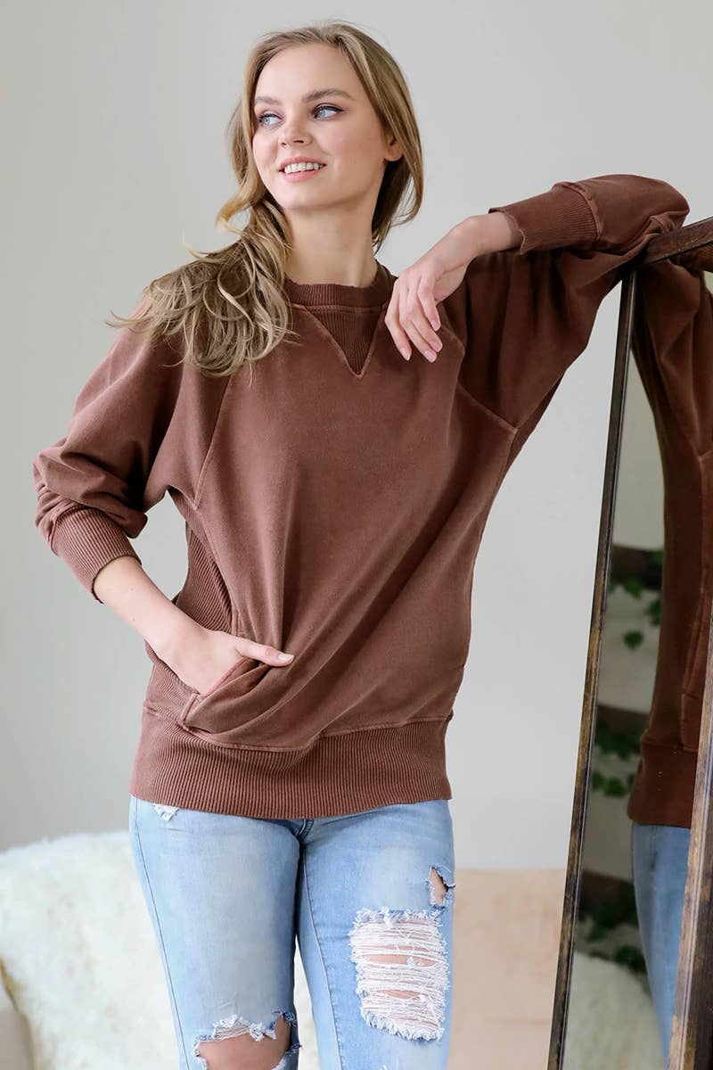 Zenana Washed French Terry Pullover With Side Pockets
