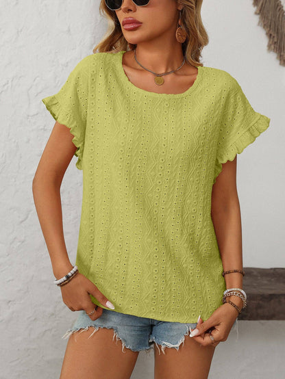 Lovesoft Solid Color Crewneck Sweet Short-Sleeve Hollow-Out Top