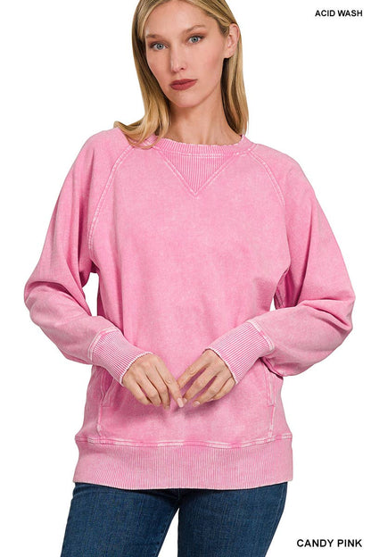Zenana Washed French Terry Pullover With Side Pockets