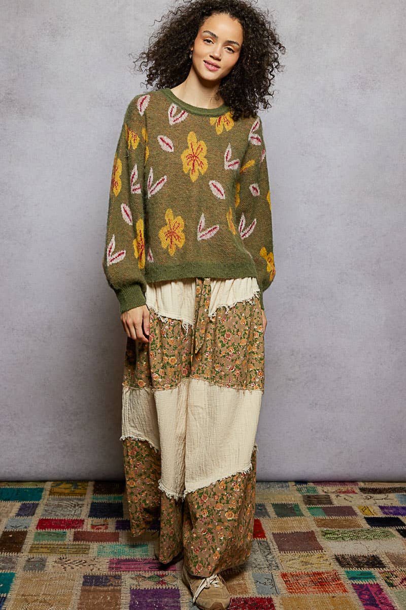 Pol Round neck balloon sleeve floral mohair sweater top