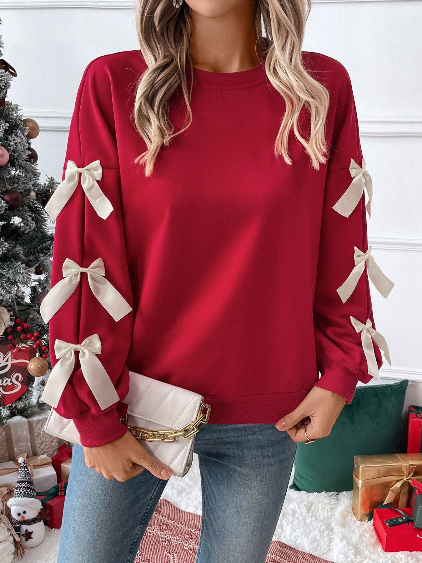Christmas Bow Sleeve Round Neck Long Sleeve Sweatshirt