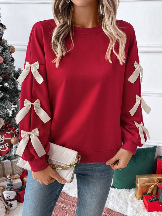 Christmas Bow Sleeve Round Neck Long Sleeve Sweatshirt