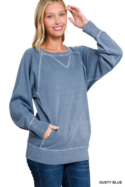 Zenana Washed French Terry Pullover With Side Pockets