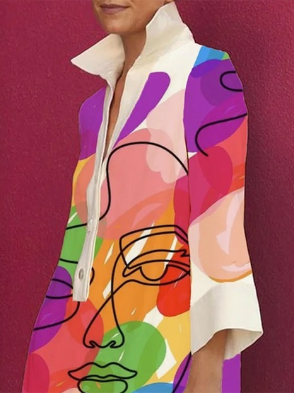 Multi coloured Face Midi Dress with Three-Quarter Sleeves