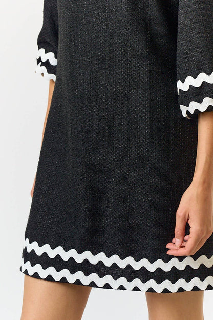 Lalavon BOUCLE RIC RAC HALF SLEEVE V-NECK MINI DRESS