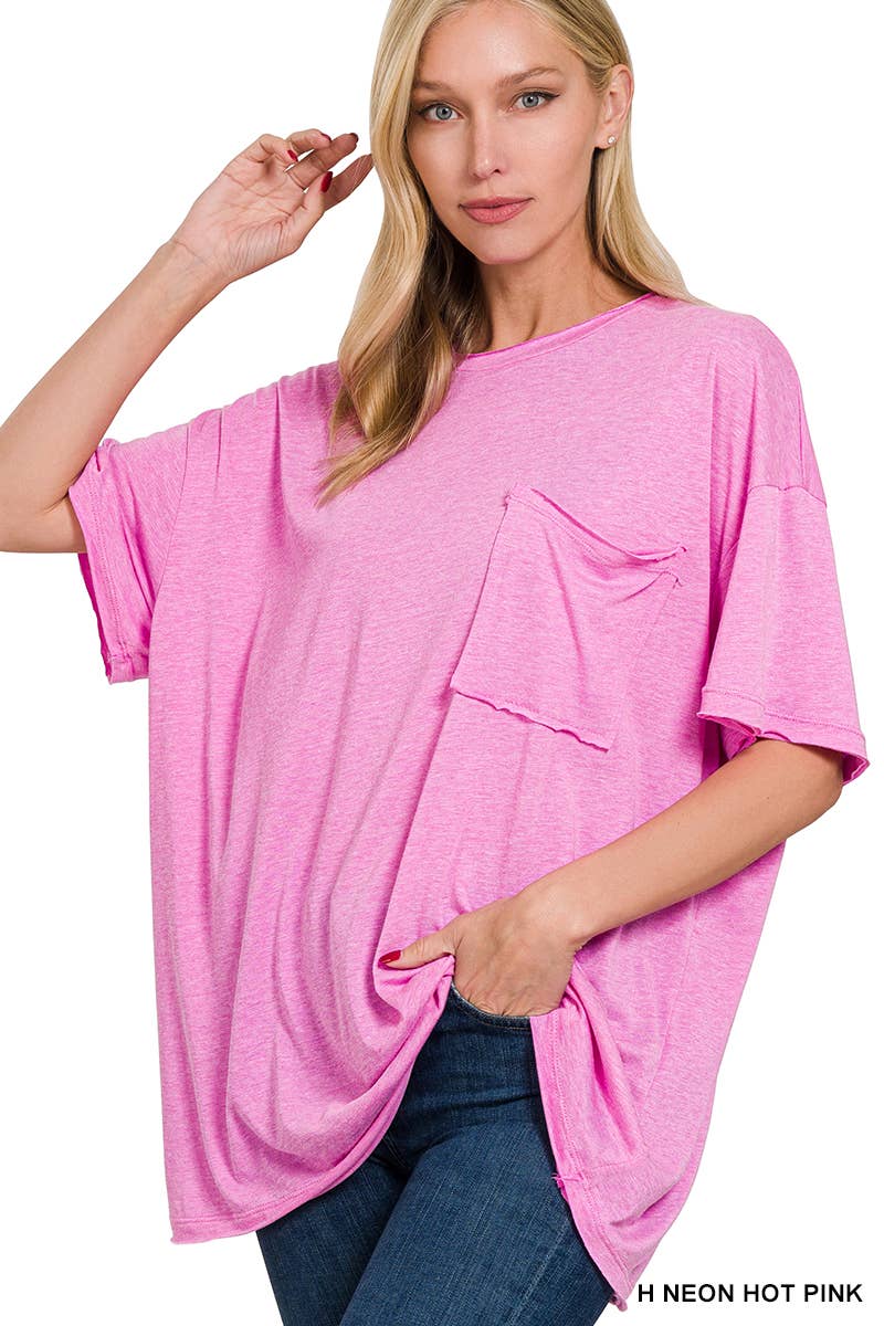Zenana Oversized Front pocket raw edge tee