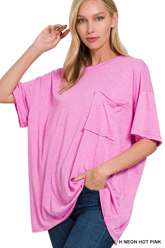 Zenana Oversized Front pocket raw edge tee