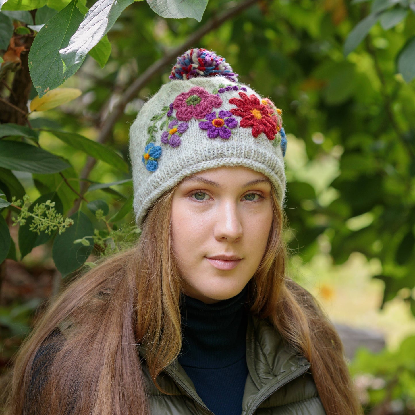 Lost Horizon Petite Fleur Wool Beanie Hat with Crochet Flowers