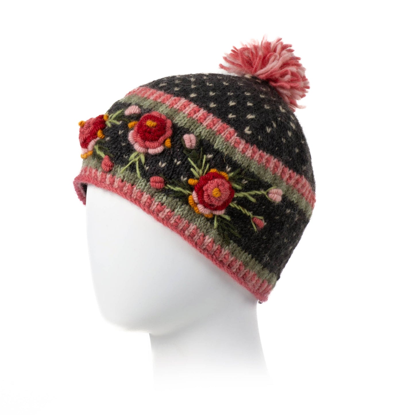 Aubrey Hand Knit Wool Beanie | Embroidered Floral Hat