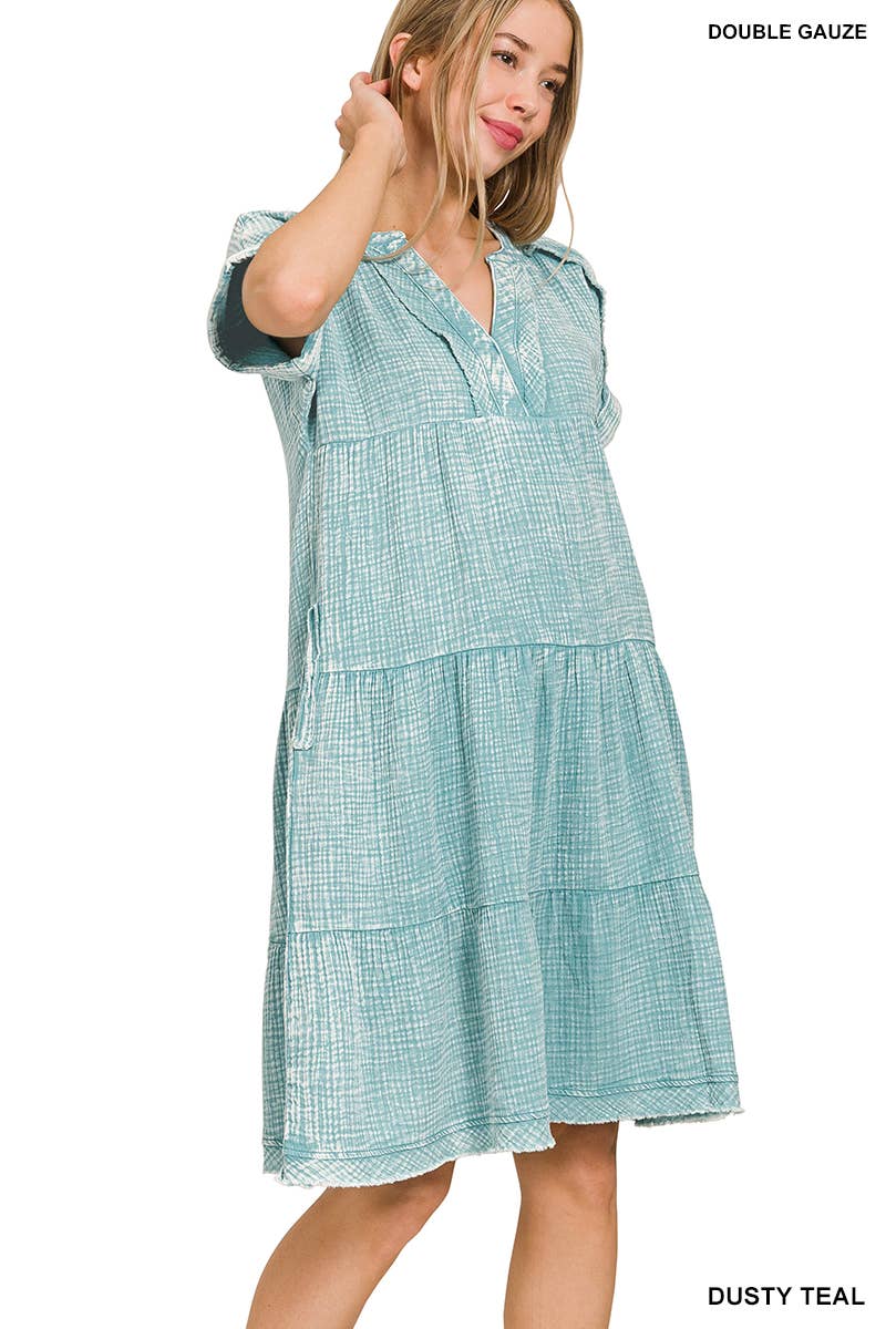 Zenana Washed Double Gauze Raw Edge V Neck Dress w/ Pockets