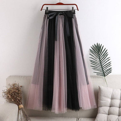 Color Block Mesh Midi Skirt