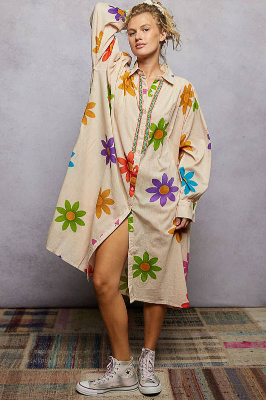 Long Sleeve Shirred Shoulder Beads Floral Print Shirt Dress