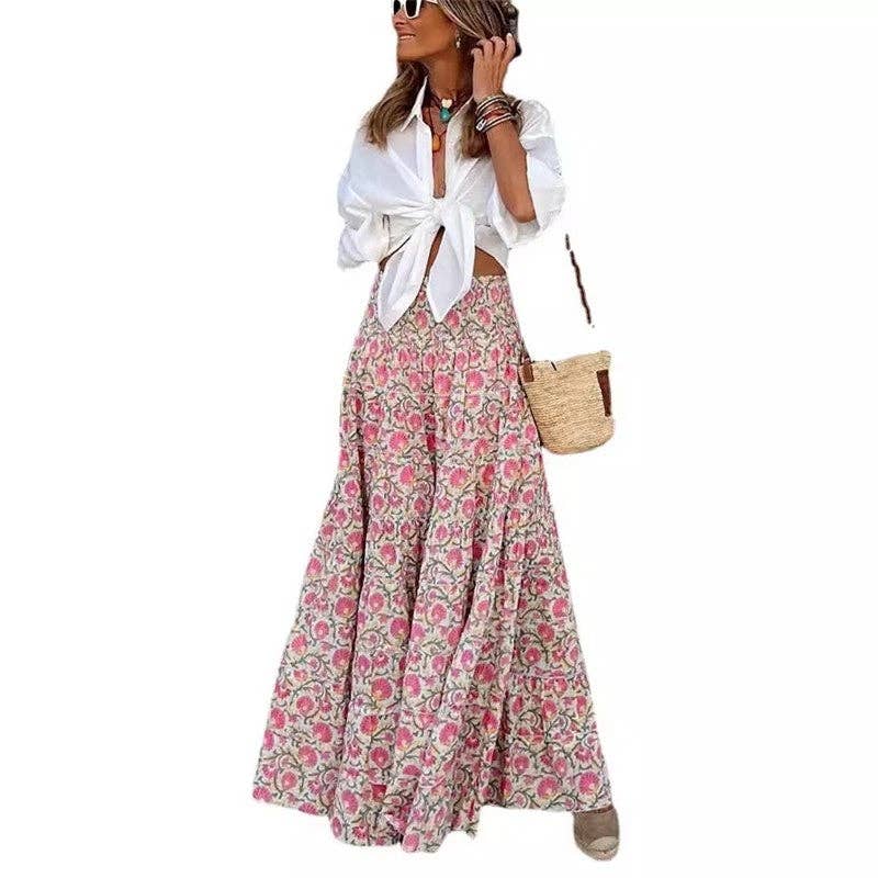 Floral Print High-Low Midi Skirt