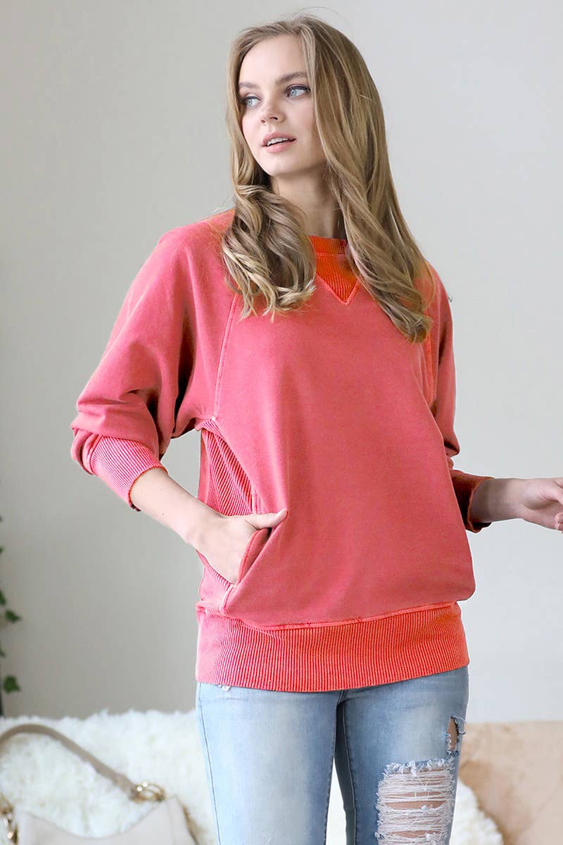 Zenana Washed French Terry Pullover With Side Pockets