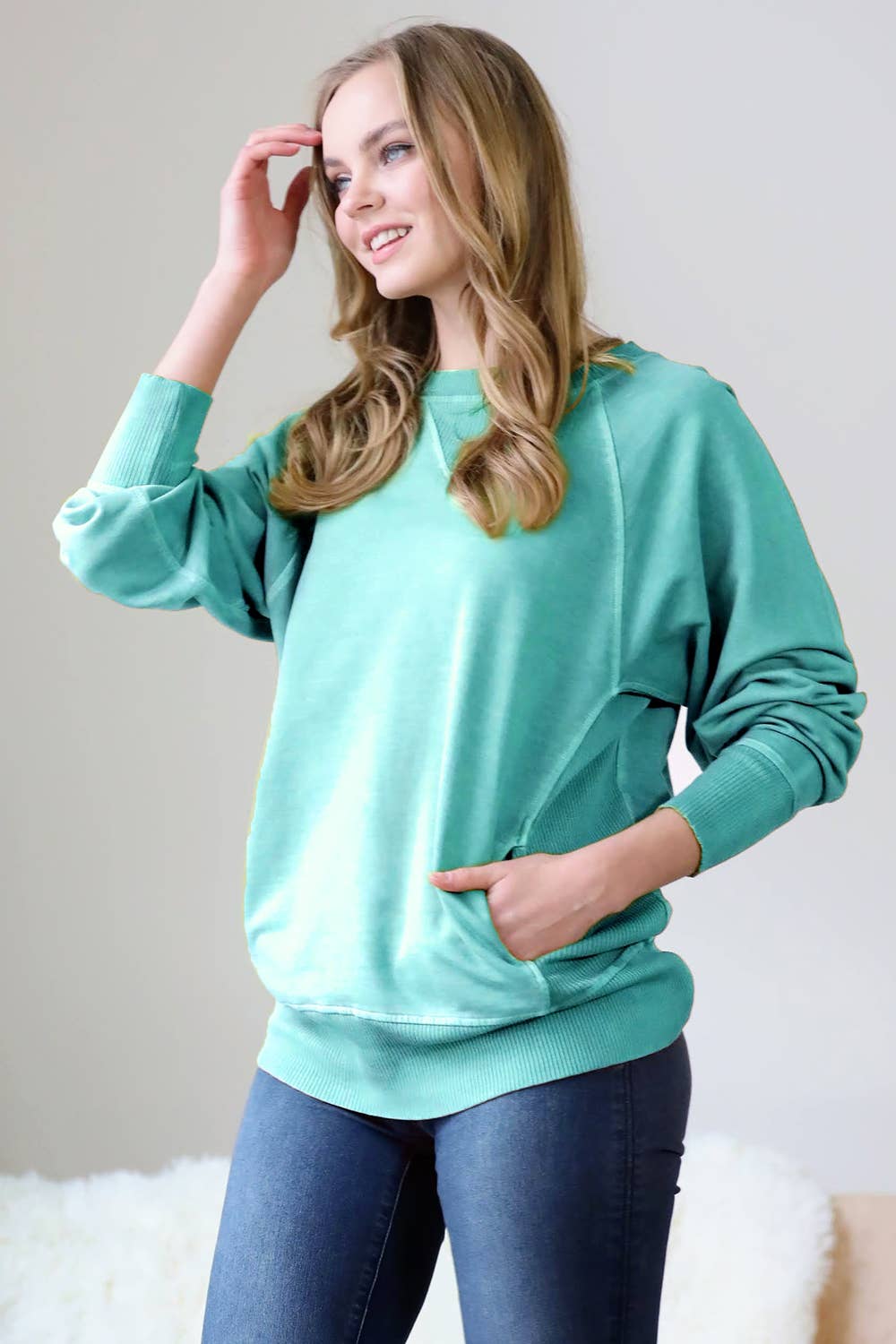 Zenana Washed French Terry Pullover With Side Pockets