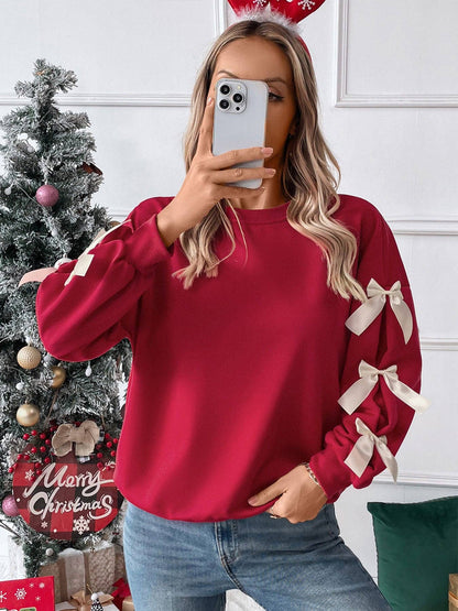 Christmas Bow Sleeve Round Neck Long Sleeve Sweatshirt