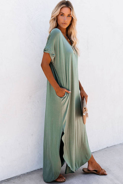 Lovesoft V Neck Hidden Pocket Splits Maxi T-shirt Dress