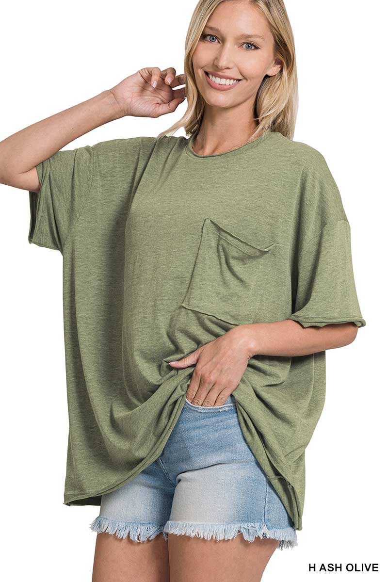 Zenana Oversized Front pocket raw edge tee